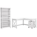 Bush Business Furniture Key West 60"W L-Shaped Corner Desk With Mobile File Cabinet And 5-Shelf Bookcase, Pure White Oak, Standard Delivery