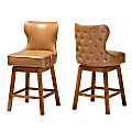 Baxton Studio Gradisca Faux Leather Swivel Counter-Height Stools With Backs, Tan/Walnut Brown, Set Of 2 Stools