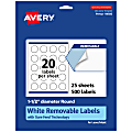 Avery® Removable Labels With Sure Feed®, 94506-RMP25, Round, 1-1/2" Diameter, White, Pack Of 500 Labels