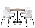 KFI Studios Proof Cafe Round Pedestal Table With Imme Caster Chairs, Includes 4 Chairs, 29”H x 36”W x 36”D, Studio Teak Top/Black Base/White Chairs