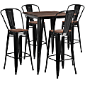 Flash Furniture Square Metal Bar Table Set With Wood Top And 4 Stools, 42"H x 32"W x 32"D, Black