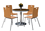 KFI Studios Jive Round Pedestal Table With 4 Stacking Chairs, 29"H x 36"W x 36"D, Natural/Walnut  1 thumbnail image