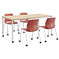 KFI Studios Dailey Table And 4 Chairs, With Casters, Natural/White Table, Coral/White Chairs
