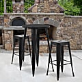Flash Furniture Commercial-Grade Round Metal Indoor/Outdoor Bar Table Set With 2 Square-Seat Backless Stools, 41"H x 24"W x 24"D, Black 1 thumbnail image