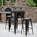 Flash Furniture Commercial-Grade Round Metal Indoor/Outdoor Bar Table Set With 2 Square-Seat Backless Stools, 41"H x 24"W x 24"D, Black