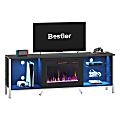 Bestier 71" Electric Fireplace TV Stand For 75" TVs With Adjustable Glass Shelves, 25-1/2”H x 71”W x 15-11/16”D, Black Carbon Fiber