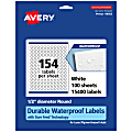 Avery® Waterproof Permanent Labels With Sure Feed®, 94503-WMF100, Round, 1/2" Diameter, White, Pack Of 15,400