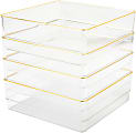 Martha Stewart Kerry Plastic Stackable Office Desk Drawer Organizers, 2"H x 6"W x 6"D, Clear/Gold Trim, Pack Of 4 Organizers 1 thumbnail image