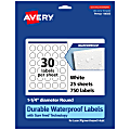 Avery® Waterproof Permanent Labels With Sure Feed®, 94505-WMF25, Round, 1-1/4" Diameter, White, Pack Of 750