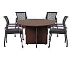 Boss Office Products 47" Round Table And Mesh Guest Chairs With Casters Set, Mahogany/Black