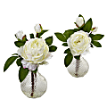 Nearly Natural Peony 11-1/2”H Artificial Floral Arrangements With Vase, 11-1/2”H x 9”W x 9”D, White, Set Of 2