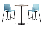KFI Studios Proof Bistro Round Pedestal Table With Imme Barstools, 2 Barstools, 30", Studio Teak/Black/Sky Blue Stools