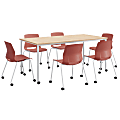 KFI Studios Dailey Table Set With 6 Caster Chairs, Natural Table/Coral Chairs