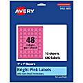 Avery® Print-To-The-Edge Labels With Sure Feed® Technology And Easy Peel® Label Feature, 94103-BPP10, Square, 1" x 1", Matte Bright Pink, Pack of 480