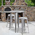 Flash Furniture Commercial-Grade Round Metal Indoor/Outdoor Bar Table Set With 2 Square-Seat Backless Stools, Silver