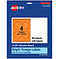 Avery® Print-To-The-Edge Labels With Sure Feed® Technology And Easy Peel® Label Feature, 94514-BOP80, Round, 3-1/2", Matte Bright Orange, Pack of 320