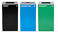 Alpine Industries Stainless-Steel Open Top Cans/Bottles, Compost And Trash Can Set With Square And Mixed Lids, 29 Gallons, 30”H x 16-15/16”W x 16-15/16”D, Black/Blue/Green, Set Of 3 Trash Cans