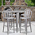 Flash Furniture Commercial-Grade 30" Round Metal Indoor-Outdoor Bar Table with 4 Vertical-Slat-Back Stools, Silver