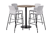 KFI Studios Proof Bistro Round Pedestal Table With Imme Barstools, 4 Barstools, 36", Studio Teak/Black/Light Gray Stools