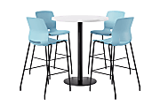 KFI Studios Proof Bistro Round Pedestal Table With Imme Barstools, 4 Barstools, 42", Designer White/Black/Sky Blue Stools