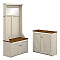 Bush Furniture Fairview Hall Tree With Shoe Bench And Small Storage Cabinet, Antique White/Tea Maple, Standard Delivery