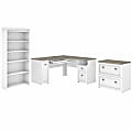 Bush Furniture Fairview 60"W L-Shaped Desk With Lateral File Cabinet And 5-Shelf Bookcase, Shiplap Gray/Pure White, Standard Delivery