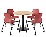 KFI Studios Proof Cafe Round Pedestal Table With Imme Caster Chairs, Includes 4 Chairs, 29”H x 36”W x 36”D, Maple Top/Black Base/Coral Chairs