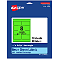 Avery® Print-To-The-Edge Labels With Sure Feed® Technology And Easy Peel® Label Feature, 94240-NGP10, Rectangle, 2" x 3-3/4", Matte Neon Green, Pack of 80