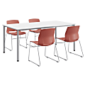 KFI Studios Dailey Table With 4 Sled Chairs, White/Silver Table, Coral/Silver Chairs