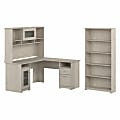 Bush Business Furniture Cabot 60"W L-Shaped Corner Desk With Hutch And 5-Shelf Bookcase, Linen White Oak, Standard Delivery