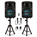 QFX Portable Bluetooth True Wireless PA Systems With Microphones, Stands & Remotes, Black, Set Of 2 Systems, PBX-800TWS