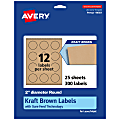 Avery® Kraft Permanent Labels With Sure Feed®, 94501-KMP25, Round, 2" Diameter, Brown, Pack Of 300