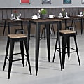 Flash Furniture Square Metal Bar Table Set With Wood Top And 2 Backless Stools, 42"H x 26"W x 26"D, Black