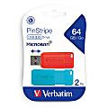 Verbatim® PinStripe USB 2.0 Flash Drives, 64GB, Blue/Red, 2 Pack