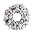 Nearly Natural Flocked Artificial Christmas Wreath With 35 Warm LED Lights, 20” x 5”, White