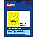 Avery® Print-To-The-Edge Labels With Sure Feed® Technology, 94502-NYP10, Round, 2-1/2", Matte Neon Yellow, Pack of 90 1 thumbnail image