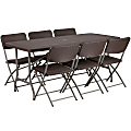 Flash Furniture Rattan Plastic Folding Table Set With 6 Chairs, 28-3/4"H x 32-1/2"W x 67-1/2"D, Brown