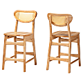 Baxton Studio Nenet Mid-Century Modern Finished Wood/Rattan Counter-Height Stools With Backs, Oak Brown, Set Of 2 Stools