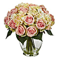 Nearly Natural Rose And Hydrangea 12”H Artificial Bouquet Arrangement. 12”H x 10”W x 10”D, Pink