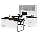Bestar Pro-Concept Plus 72"W U-Shaped Executive Computer Desk With Pedestal And Frosted Glass Door Hutch, White/Deep Gray