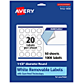 Avery® Removable Labels With Sure Feed®, 94506-RMP50, Round, 1-1/2" Diameter, White, Pack Of 1,000 Labels 1 thumbnail image
