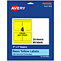 Avery® Printable Labels With Sure Feed® Technology, 94100-NYP20, Square, 4" x 4", Matte Neon Yellow, Pack of 80 1 thumbnail image