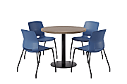 KFI Studios Midtown Pedestal Round Standard Height Table Set With Imme Armless Chairs, 31-3/4”H x 22”W x 19-3/4”D, Studio Teak Top/Black Base/Navy Chairs