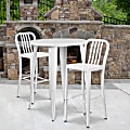 Flash Furniture Commercial-Grade Round Metal Indoor/Outdoor Bar Table Set With 2 Vertical Slat-Back Stools, White