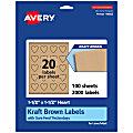 Avery® Kraft Permanent Labels With Sure Feed®, 94602-KMP100, Heart, 1-1/2" x 1-1/2", Brown, Pack Of 2,000