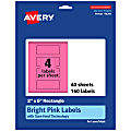Avery® Print-To-The-Edge Labels With Sure Feed® Technology, 94241-BPP40, Rectangle, 2" x 5", Matte Bright Pink, Pack of 160