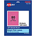 Avery® Print-To-The-Edge Labels With Sure Feed® Technology And Easy Peel® Label Feature, 94504-BPP20, Round, 3/4", Matte Bright Pink, Pack of 1600 1 thumbnail image
