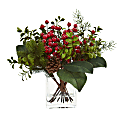 Nearly Natural 12”H Berry, Pine And Boxwood Artificial Arrangement, 12”H x 11”W x 8”D, Red/Clear