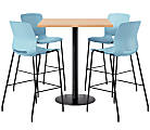 KFI Studios Proof Bistro Square Pedestal Table With Imme Bar Stools, Includes 4 Stools, 43-1/2”H x 36”W x 36”D, Maple Top/Black Base/Sky Blue Chairs