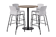 KFI Studios Proof Bistro Round Pedestal Table With Imme Barstools, 4 Barstools, 42", Studio Teak/Black/Light Gray Stools